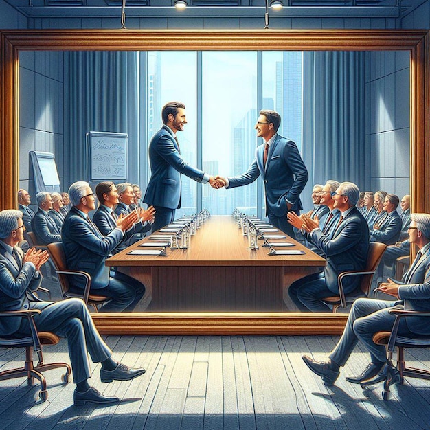 PSD hyper realistic vector art trendy golden handshake success office business man ceo negotiation
