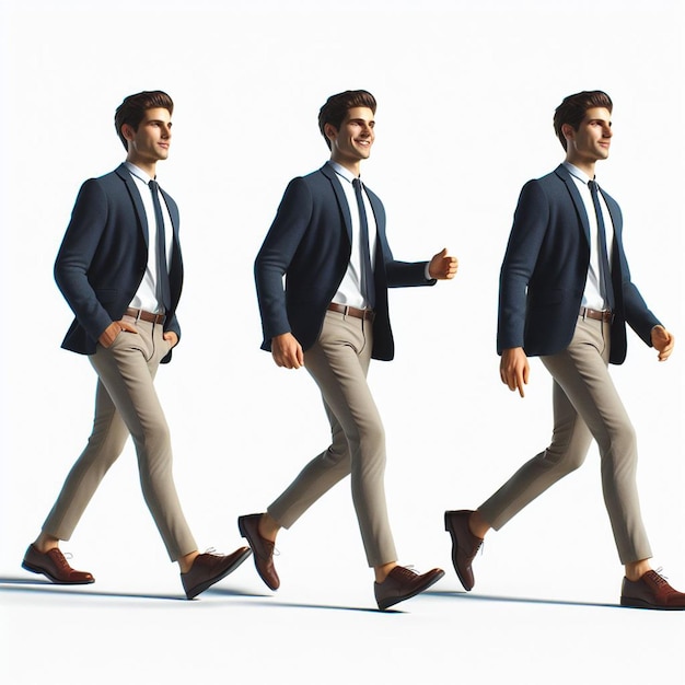 PSD Гиперреалистическое векторное искусство модный мужчина, идущий бизнесмен в костюме, изолированный белый фон