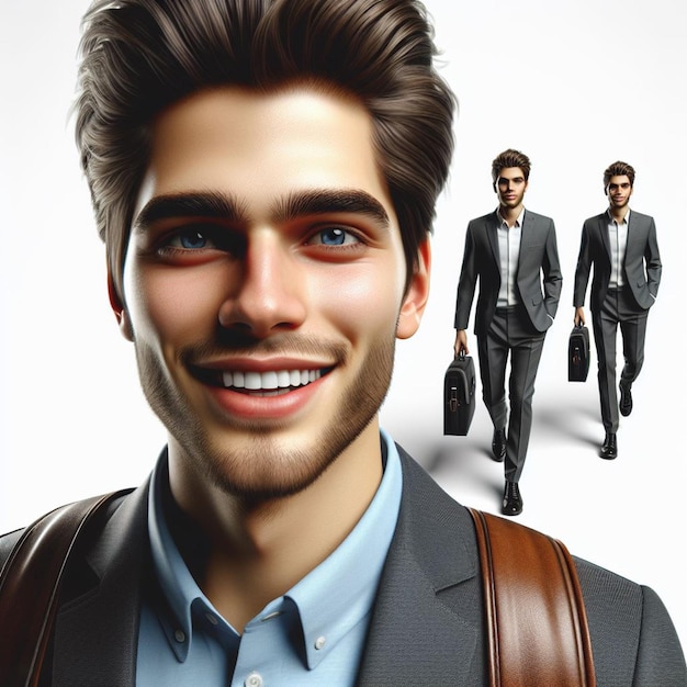 PSD hyper realistic vector art trendy male walking business man in suit isolated white backdrop