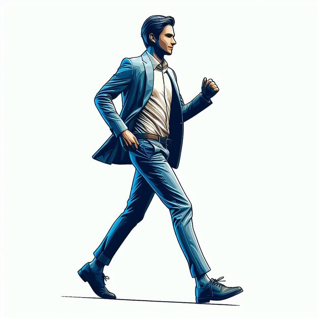 PSD hyper realistic vector art trendy male walking business man in suit isolated white backdrop