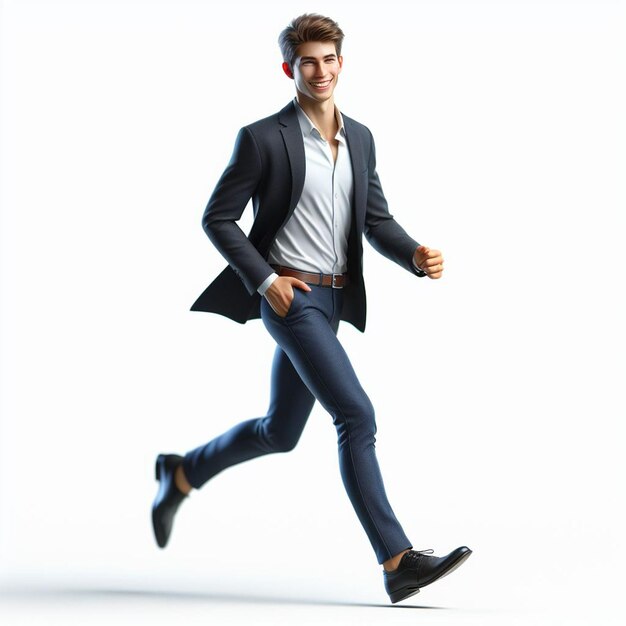 PSD hyper realistic vector art trendy male walking business man in suit isolated white backdrop