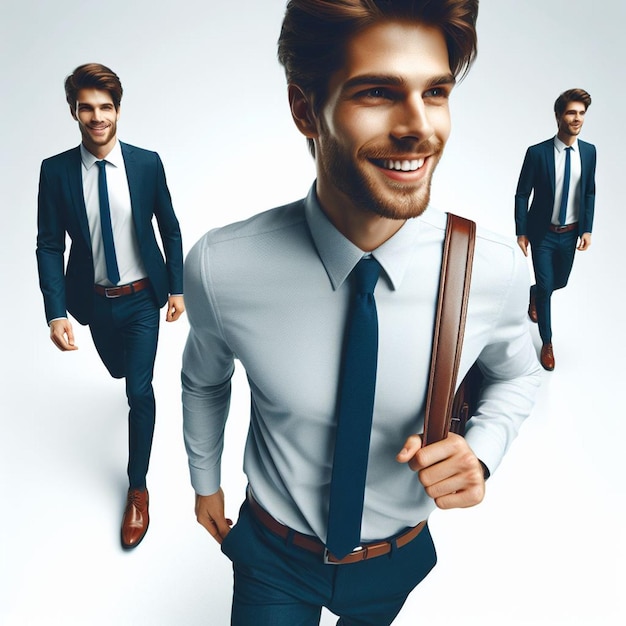 PSD hyper realistic vector art trendy male walking business man in suit isolated white backdrop