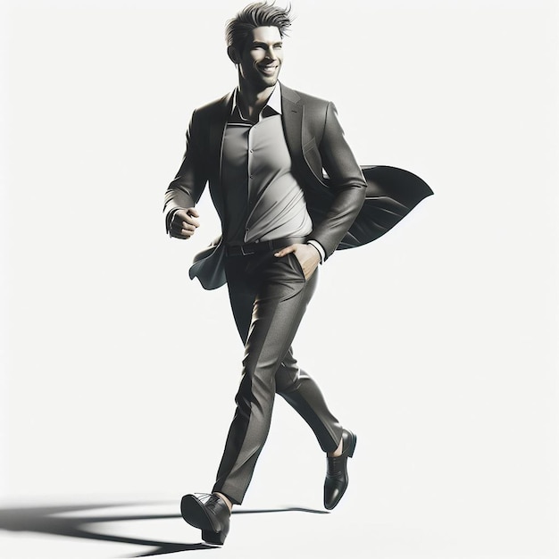 PSD hyper realistic vector art trendy male walking business man in suit isolated white backdrop