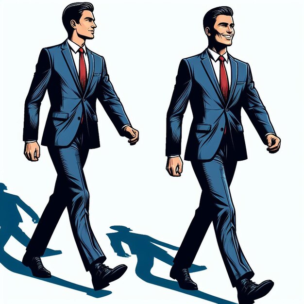 PSD hyper realistic vector art trendy male walking business man in suit isolated white backdrop