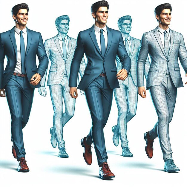 PSD hyper realistic vector art trendy male walking business man in suit isolated white backdrop