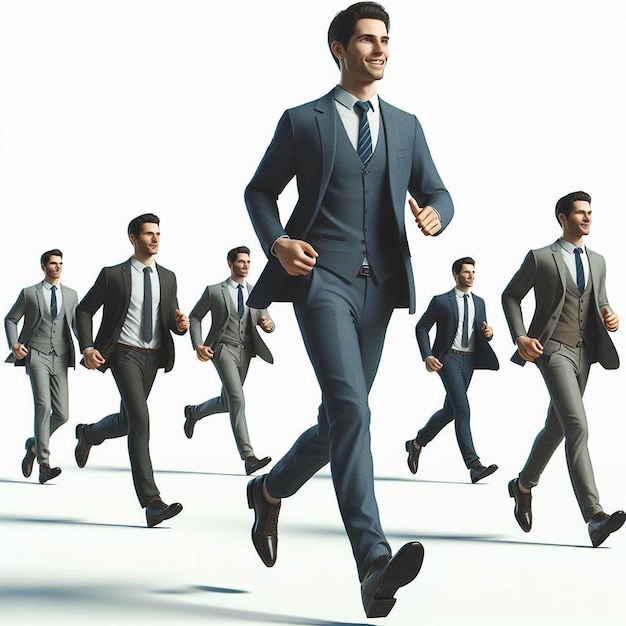 PSD hyper realistic vector art trendy male walking business man in suit isolated white backdrop