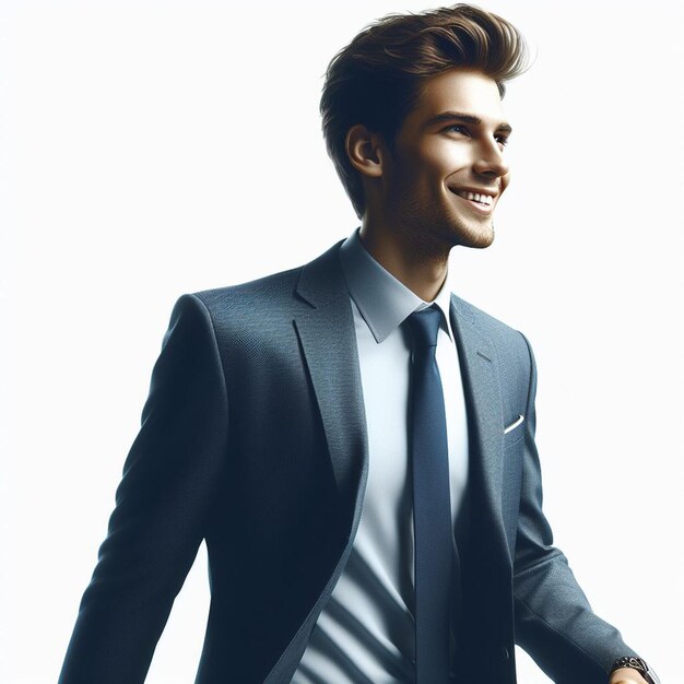 Hyper realistic vector art trendy male walking business man in suit isolated white backdrop