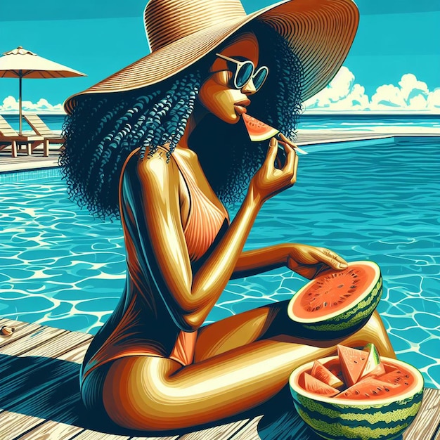 PSD arte vettoriale iperrealistica giovane donna in tendenza in piscina a prendere il sole melone isolato su uno sfondo bianco