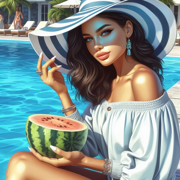 PSD arte vettoriale iperrealistica giovane donna in tendenza in piscina a prendere il sole melone isolato su uno sfondo bianco