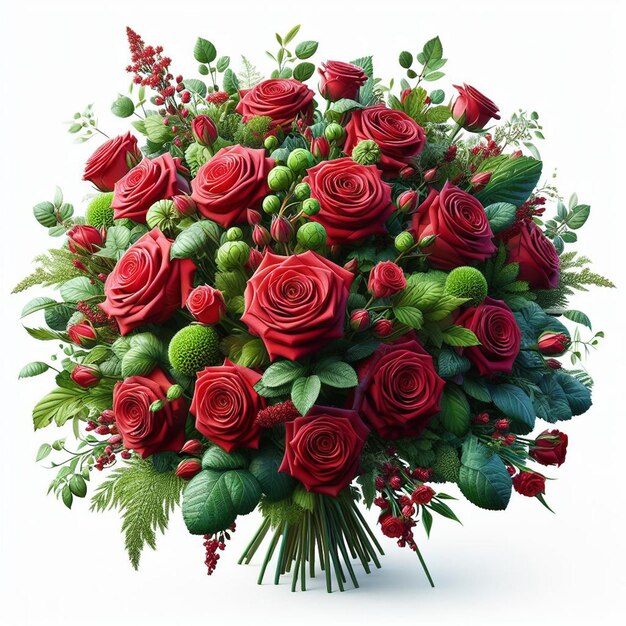 PSD hyper realistic vector art valentines day bouquet red roses flowers vase isolated white backdrop