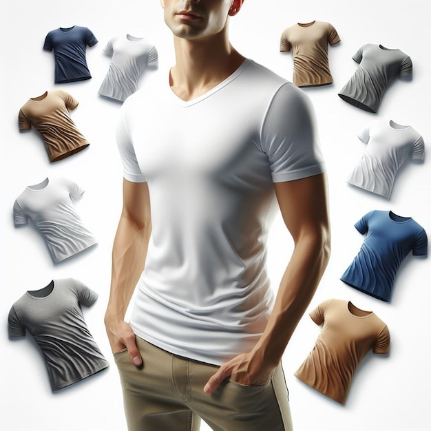 PSD hyper realistic vector art white fabric vcollar tshirt mockup mock up isolated white backdrop