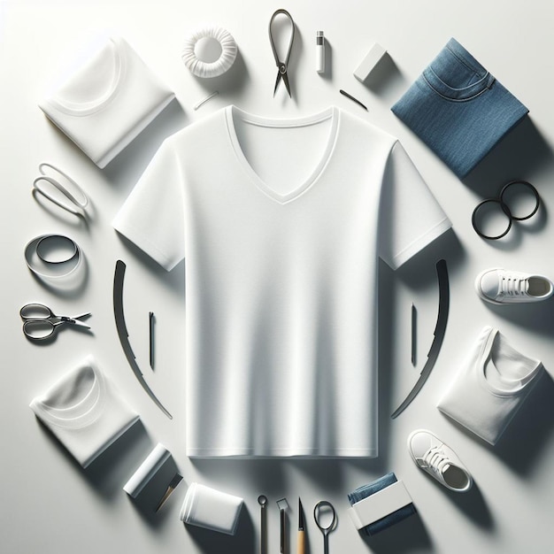 PSD hyper realistic vector art tessuto bianco vcollar t-shirt mockup mock up sfondo bianco isolato