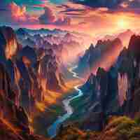 PSD Гиперреалистичный вид яркого золотистого пейзажа гранд-каньона с закатными фонарными огнями.
