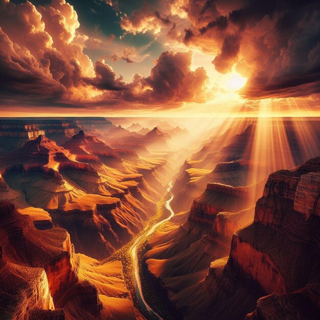 PSD Гиперреалистичный вид яркого золотистого пейзажа гранд-каньона с закатными фонарными огнями.