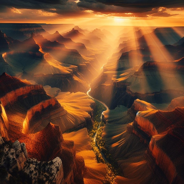 Vista iperrealistica del vivace paesaggio dorato del grand canyon con luci di fondo al tramonto.