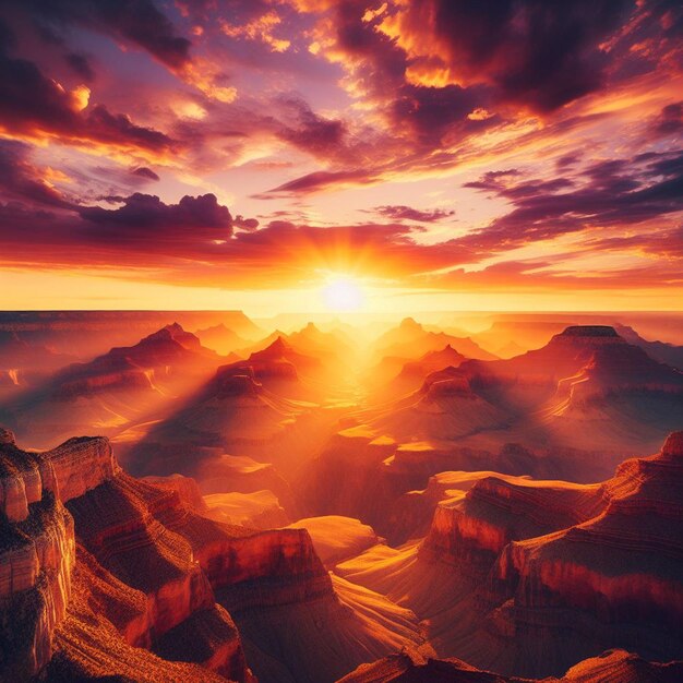 PSD vista iperrealistica del vivace paesaggio dorato del grand canyon con luci di fondo al tramonto.