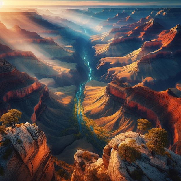 PSD vista iperrealistica del vivace paesaggio dorato del grand canyon con luci di fondo al tramonto.