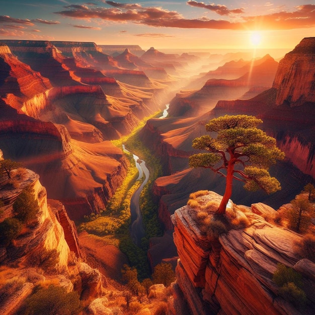 Vista iperrealistica del vivace paesaggio dorato del grand canyon con luci di fondo al tramonto.