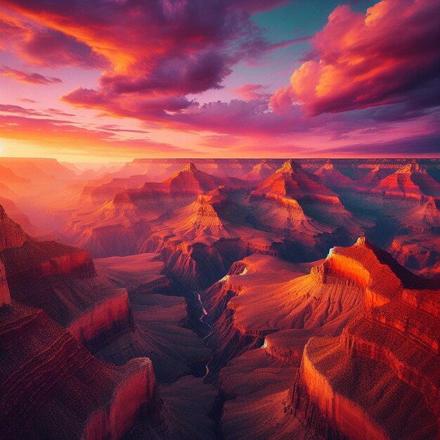 Vista iperrealistica del vivace paesaggio dorato del grand canyon con luci di fondo al tramonto.