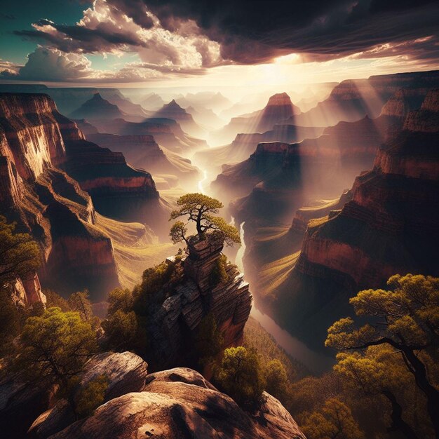 PSD hyper realistic view of vibrant golden grand canyon landscape with sunset background lights