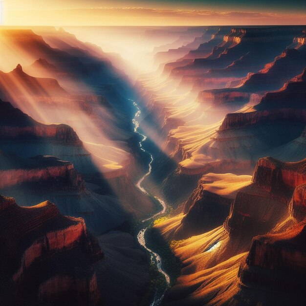 PSD vista iperrealistica del vivace paesaggio dorato del grand canyon con luci di fondo al tramonto.