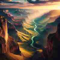 PSD hyper realistic view of vibrant golden grand canyon landscape with sunset background lights