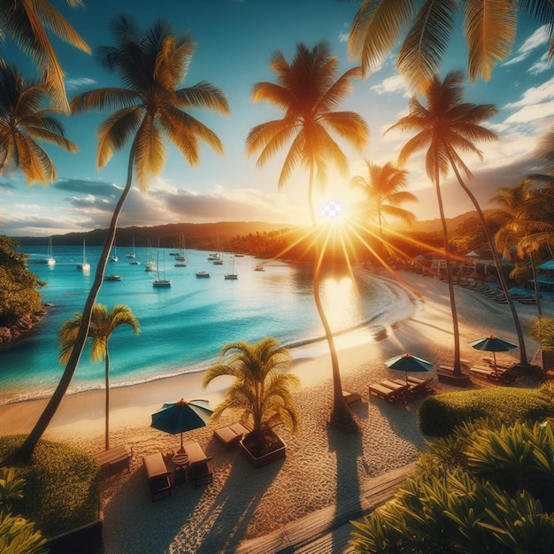 PSD Гипералистический пейзаж, тропический закат, пляж, остров, пальмовый пляж, карибский бассейн, отдых.