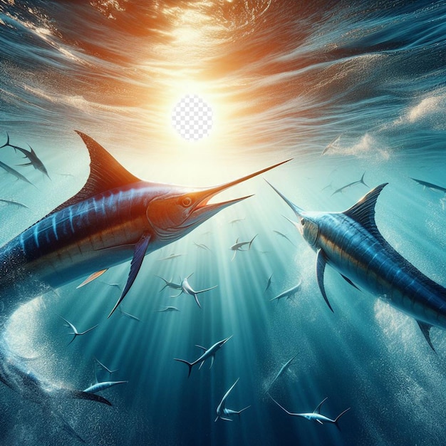 PSD Гиперреалистичная аминальная рыба голубой марлин плавает в океане обои фона морского моря