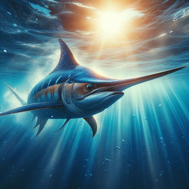 PSD hyperrealisitc aminal fish blue marlin swimming in the ocean wallpaper background offshore sea