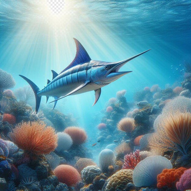 PSD hyperrealisitc aminal pesce marlin blu che nuota nell'oceano sfondo carta da parati mare al largo