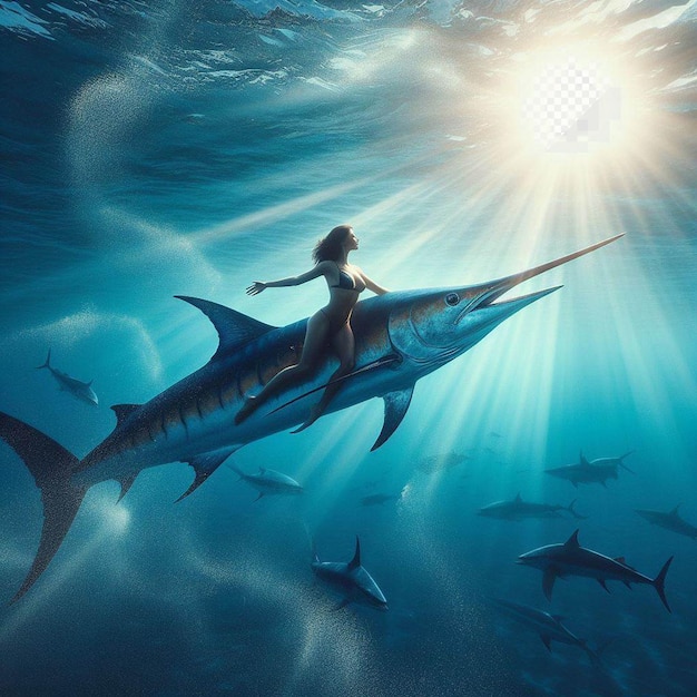 PSD hyperrealisitc aminal fish blue marlin swimming in the ocean wallpaper background offshore sea