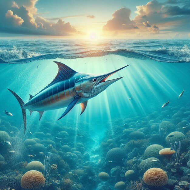 PSD hyperrealisitc aminal fish blue marlin swimming in the ocean wallpaper background offshore sea