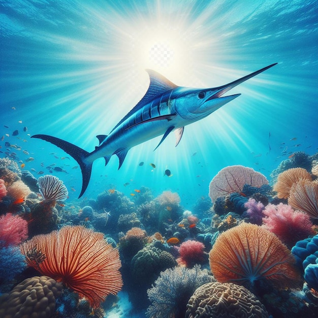 PSD hyperrealisitc aminal fish blue marlin swimming in the ocean wallpaper background offshore sea