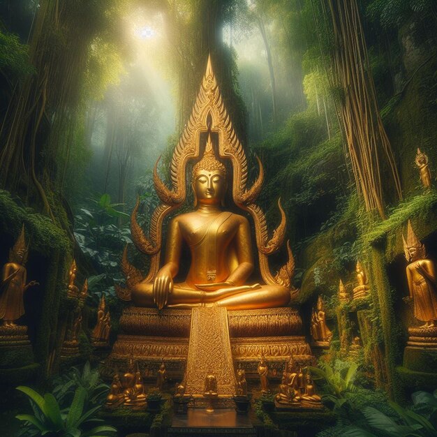 Гиперреалистическая святая священная золотая статуя будды в джунглях светит на солнце для молитвы рук