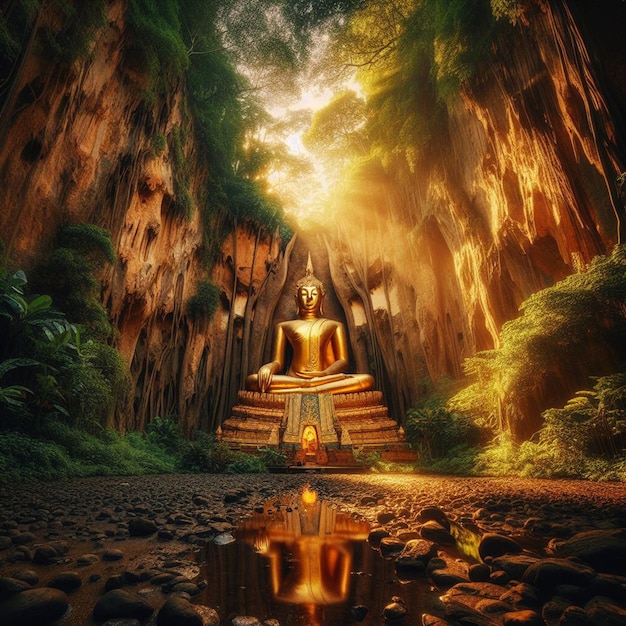PSD ハイパーリアリズム 聖なる黄金の仏像 ジャングルで太陽に輝く 祈りの手