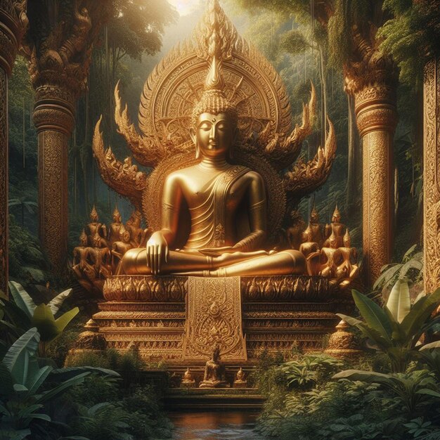 PSD Гиперреалистическая святая священная золотая статуя будды в джунглях светит на солнце для молитвы рук