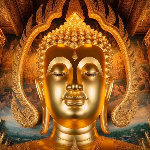 PSD iperrealistico sacro sacro statua d'oro di buddha nella giungla che brilla al sole per le mani di preghiera
