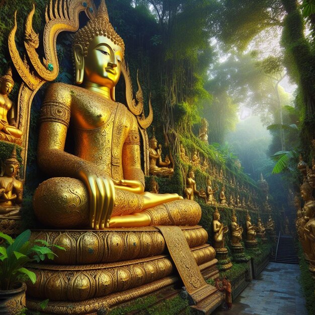 PSD hyperrealisitc holy sacred golden buddha statue in the jungle shining in the sun for pray hands