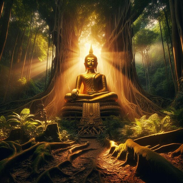 PSD hyperrealisitc holy sacred golden buddha statue in the jungle shining in the sun for pray hands