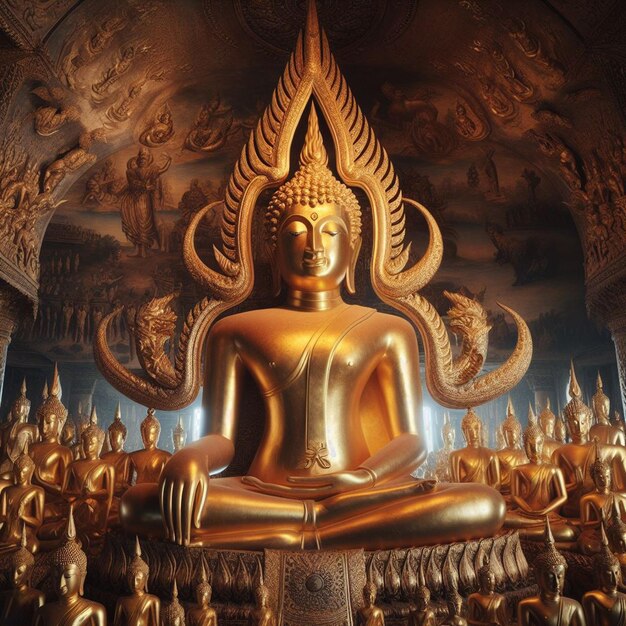 PSD hyperrealisitc holy sacred golden buddha statue in the jungle shining in the sun for pray hands