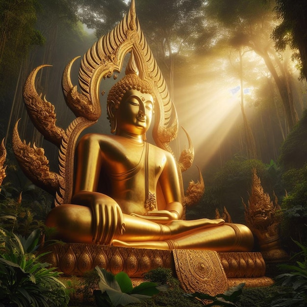 PSD iperrealistico sacro sacro statua d'oro di buddha nella giungla che brilla al sole per le mani di preghiera