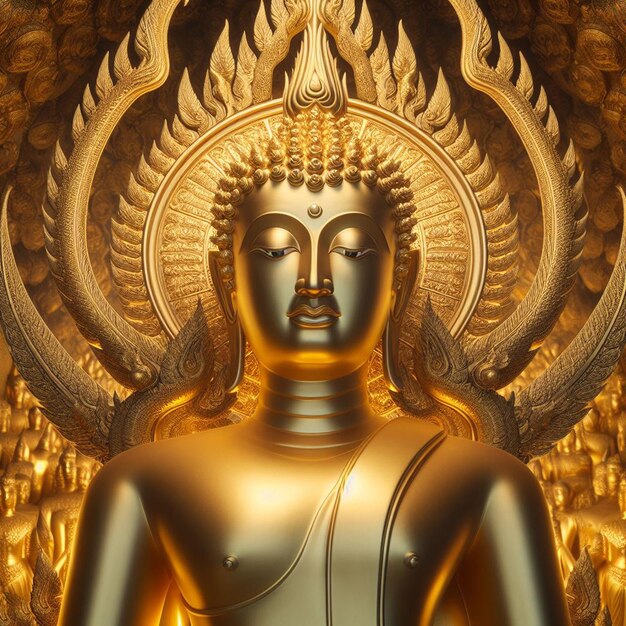 Hyperrealisitc holy sacred golden buddha statue in the jungle shining in the sun for pray hands