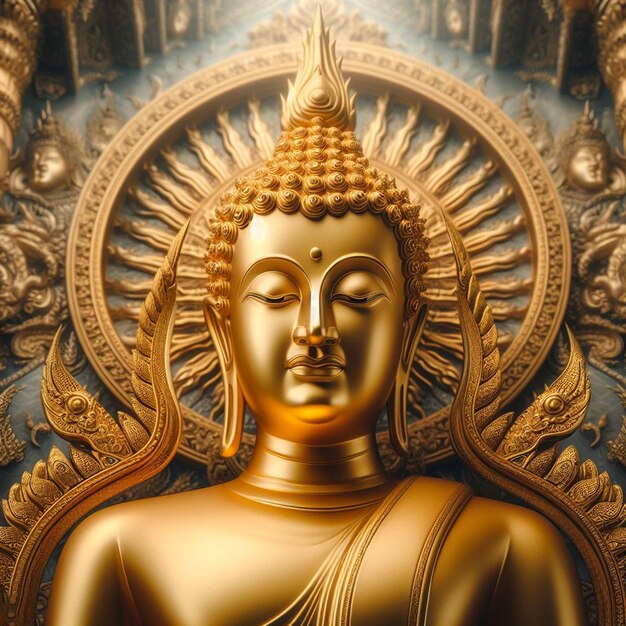 Iperrealistico sacro sacro statua d'oro di buddha nella giungla che brilla al sole per le mani di preghiera