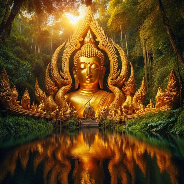 PSD hyperrealisitc holy sacred golden buddha statue in the jungle shining in the sun for pray hands