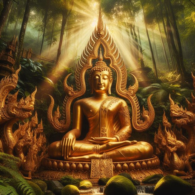 Iperrealistico sacro sacro statua d'oro di buddha nella giungla che brilla al sole per le mani di preghiera