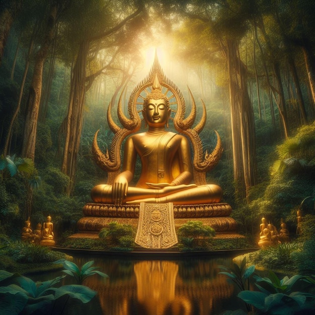 PSD hyperrealisitc holy sacred golden buddha statue in the jungle shining in the sun for pray hands