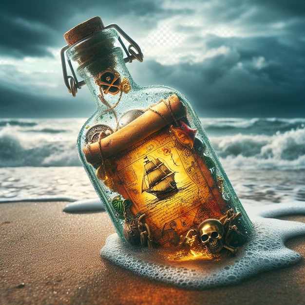 PSD hyperrealisitc vibrant caribbean tropical message in a bottle pirate treasure beach sunset