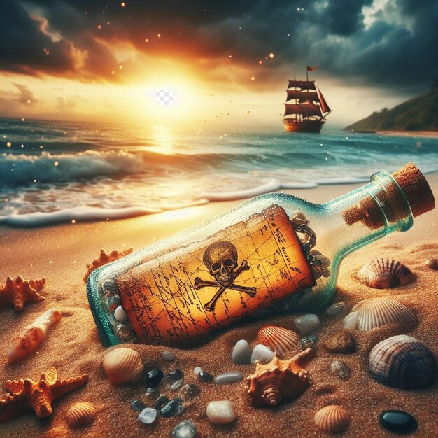 PSD hyperrealisitc vibrant caribbean tropical message in a bottle pirate treasure beach sunset