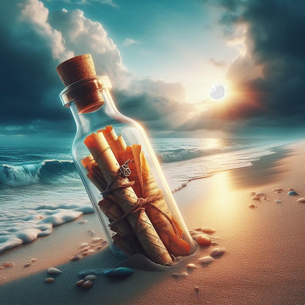 PSD hyperrealisitc vibrant caribbean tropical message in a bottle pirate treasure beach sunset