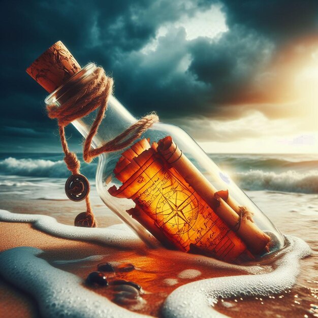 PSD hyperrealisitc vibrant caribbean tropical message in a bottle pirate treasure beach sunset